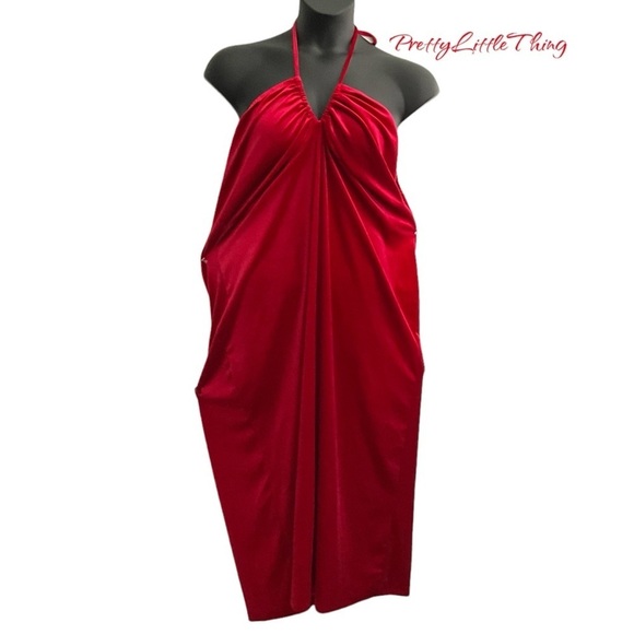 PrettyLittleThing Red Velvet Halter Ruched Midi Party Evening Dress Plus SZ 26 - Picture 1 of 8